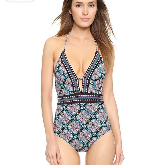Nanette Lepore Paloma Goddess Black & Multi Color Embroidered One Piece Swimsuit - Picture 3 of 10